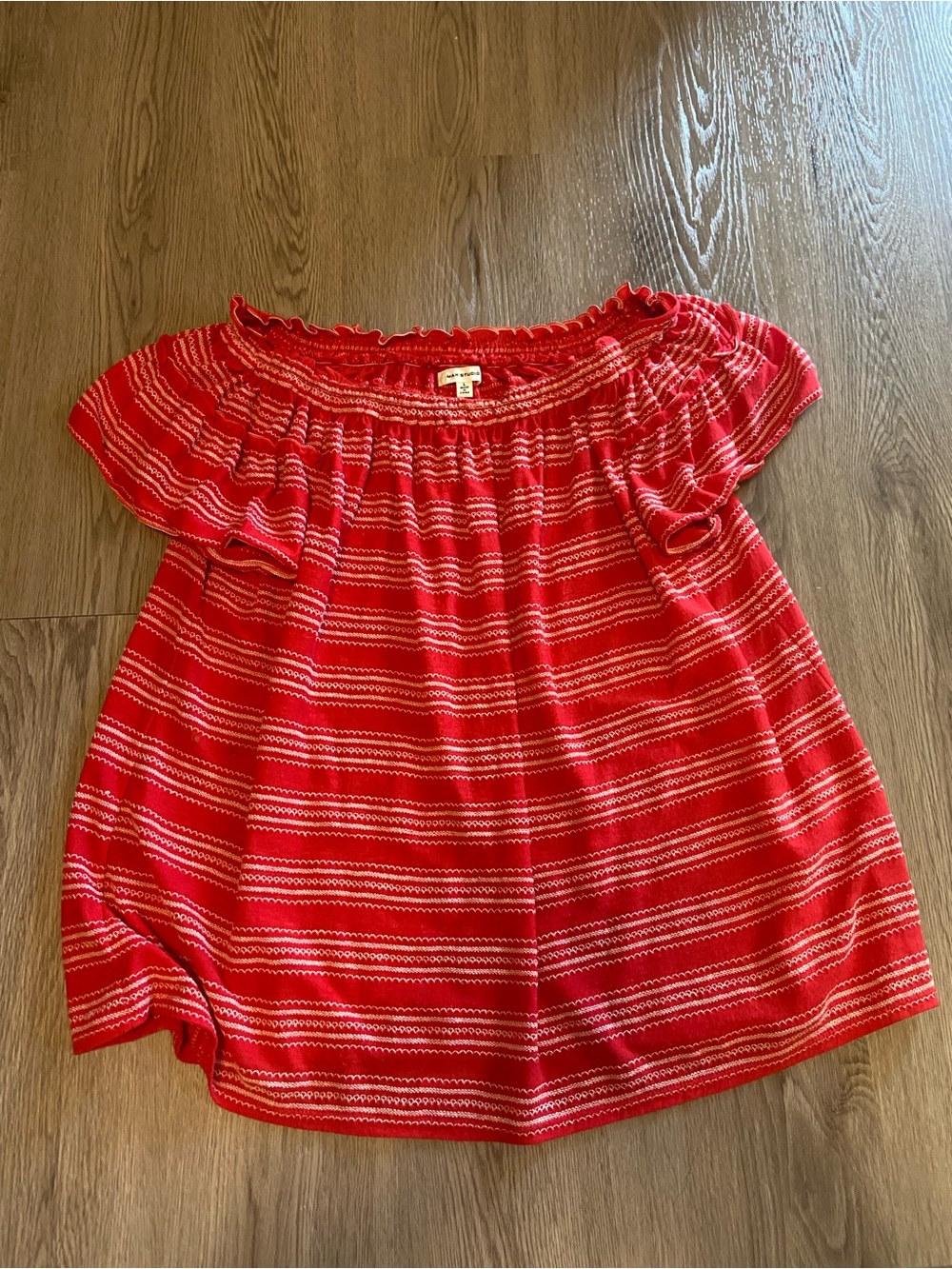 Max Studio Red and White Off The Shoulder Smocked Stripe Top